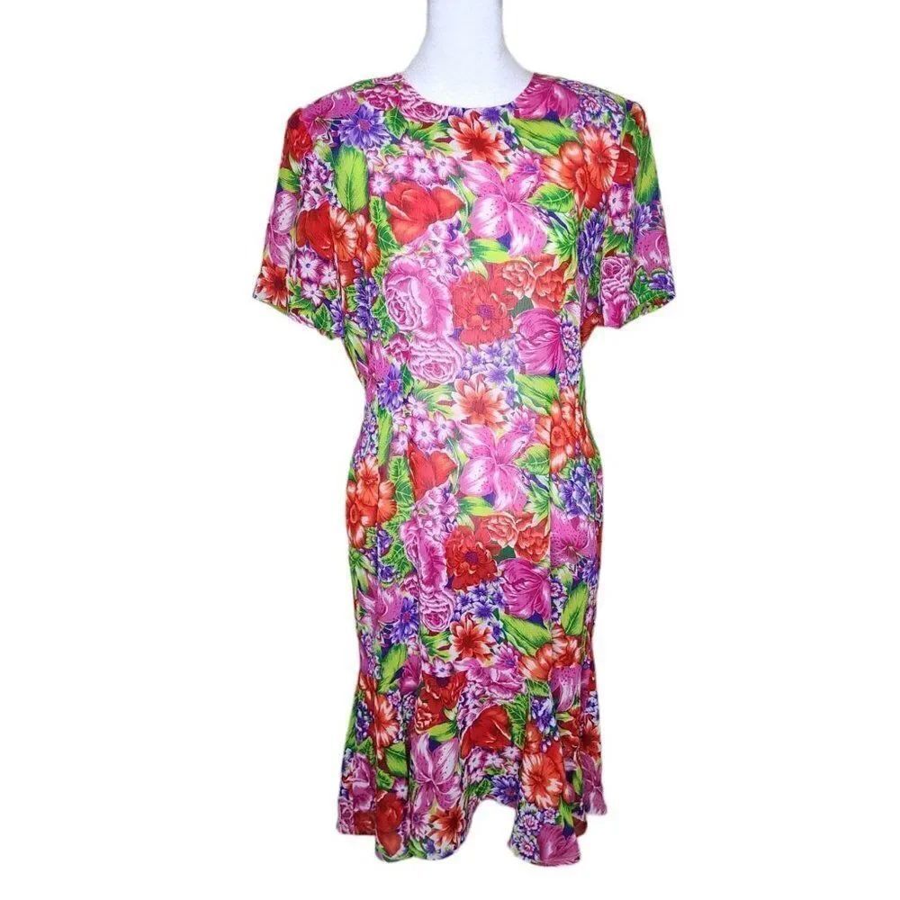 Vintage 80s Leslie Fay Sheath Dress Womens Size 12 Pink Red Floral Shoulder Pads